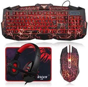 ForGaming Keyboard Mouse Headset ComboUSB Wired Crack Backlit Keyboard114 Keys Letters Glow LED KeyboardRed LED Light Headset for Laptop PC Computer Work and Game