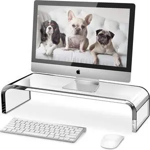 Clear Monitor Riser Acrylic Computer Stand - HD Sturdy 50LB Max - Promotes Pain Relief Posture & Free Up Cluttered Space with TV Laptop & PC Computer & Desk Storage Organizer Stand Riser