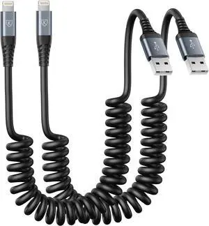 Coiled Lightning Cable iPhone Charger Cable 3FT for Car 2 Pack [Apple MFi Certified] 3 Feet Lightning Cord Compatible with iPhone14/13/12/11 Pro Max/XS MAX/XR/XS/X/8/7/Plus/6S iPad/iPod- Black