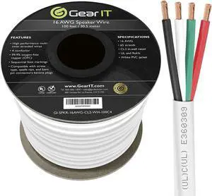 FOR GearIT Pro Series 16 Gauge 4-Conductor Speaker Wire (100 Feet / 30 Meters) 16 AWG OFC (99.9% Oxygen Free Copper) Speaker Wire CL2 Rated for in-Wall Speaker Cable White