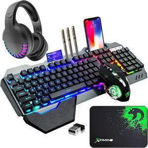 FOR Wireless Gaming Keyboard Mouse Bluetooth Headset Kit with 16 RGB Backlit Rechargeable Battery Metal Mechanical Ergonomic Waterproof Dustproof Removable Palm Rest for Laptop PC Gamer(Rainbow RGB)