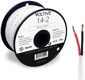 FOR-Voltive 14/2 Speaker Wire - 14 AWG/Gauge 2 Conductor - UL Listed in Wall (CL2/CL3) and Outdoor/In Ground (Direct Burial) Rated - Oxygen-Free Copper (OFC) - 100 Foot Spool - White