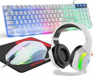 FOR-Wired Gaming Keyboard and Mouse Headset Combo Rainbow LED Backlit Wired Keyboard Over Ear Headphone with Mic Rainbow Backlit Gaming Mice Mouse Pad for PC Laptop Mac PS4 Xbox(White)