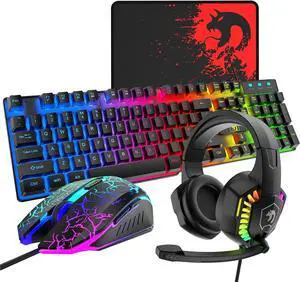 FOR-FOR-Wired Gaming Keyboard and Mouse Headset Combo Rainbow LED Backlit Wired Keyboard Over Ear Headphone with Mic Rainbow Backlit Gaming Mice Mouse Pad for PC Laptop Mac PS4 Xbox(Black)