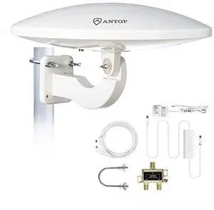 FOR-TV Antenna for Multiple TVs ANTOP UFO Amplified RooftopAtticRVMarine HDTV Antenna 65 Miles Omni Directional Extremely High Reception with 33ft Coaxial Cable and Signal Splitter for 2 TVs