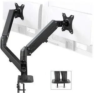 FOR-Black Articulating Dual Pneumatic Spring Arm Clampon Desk Mount Stand Fits 2 Monitor Screens 17 to 27 inches with Max VESA 100x100 STANDV102O