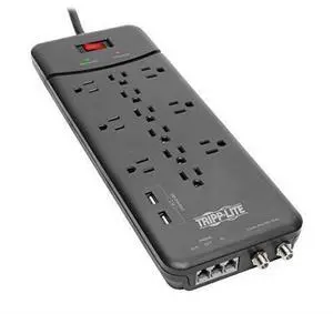 FOR-12 Outlet Surge Protector Power Strip 2 USB Charging Ports TelModemCoax Protection 8ft Cord Right Angle Plug Black Lifetime Insurance $150K Insurance TLP128TTUSBB