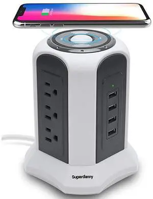 FOR-10ft Power Strip Tower Wireless Charger  Surge Protector Extension Cord 10A 9-Outlet 4.5A 4 USB Electrical Charging Station Universal Socket for Laptop Phone White and Gray