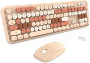 FOR-Wireless Keyboard and Mouse Combo - Cute Colorful Keyboard and Mouse, Retro Typewriter Keyboard with 2.4GHz Plug & Play, (Milk Tea)
