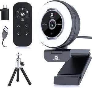 FOR-Zoomable Webcam with Remote Control, 1080P 60FPS Streaming Webcam with Adjustable Ring Light and Tripod, Pro USB 5X Digital Zoom Webcam
