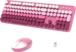 FOR-Wireless Keyboard and Mouse, Full-Size Retro Typewriter Keyboard with Round Keycaps, 2.4GHz  (Dark Pink Gradient)