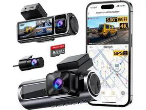 4K 3 Channel Dash Cam Front and Rear Inside, Built-in 5.8GHz WiFi GPS, 64GB Card Included, 4K+1080P+1080P Dash Camera for Cars, 3.18'' IPS Screen Dashcam with G-Sensor, 24H Parking Monitor 4K 3 Channel Dash Cam Front and Rear Inside, Built-in 5.8GHz WiFi GPS, 64GB Card Included, 4K+1080P+1080P Dash Camera for Cars, 3.18'' IPS Screen Dashcam with G-Sensor, 24H Parking Monitor