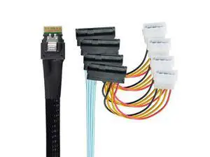 Internal Slimline SAS HD SFF-8654 Host Controller to 4 SFF-8482 Target SAS Hard Disk and SATA Power Breakout Fanout Cable (100cm) Internal Slimline SAS HD SFF-8654 Host Controller to 4 SFF-8482 Target SAS Hard Disk and SATA Power Breakout Fanout Cable (100cm)