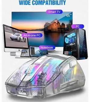 Wireless Gaming Mice with Transparent Crystal Shell, Tri-Modes (USB Wired + 2.4G Wireless+ Bluetooth), Silent Click, Rechargeable Wireless Mouse with RGB Backlit- White Wireless Gaming Mice with Transparent Crystal Shell, Tri-Modes (USB Wired + 2.4G Wireless+ Bluetooth), Silent Click, Rechargeable Wireless Mouse with RGB Backlit- White