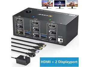 Triple Monitors KVM Switch HDMI 2 Displayport USB 3.0 KVM Switch 8K@60Hz, 4K@144Hz 3 Monitors 2 Computers KVM with 4 USB 3.0 Ports Included KVM Cables,HD-MI 8K@60Hz/4K@60Hz,DP 8K@30Hz/4K@144Hz Triple Monitors KVM Switch HDMI 2 Displayport USB 3.0 KVM Switch 8K@60Hz, 4K@144Hz 3 Monitors 2 Computers KVM with 4 USB 3.0 Ports Included KVM Cables,HD-MI 8K@60Hz/4K@60Hz,DP 8K@30Hz/4K@144Hz