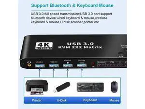 2x2 HDMI Matrix KVM Switch 4K@60Hz RGB 4:4:4, 2 PCs Share 2 Monitors Keyboard Mouse 2 USB3.0 Ports, Audio Port, One-Touch & Hotkey Switch 2x2 HDMI Matrix KVM Switch 4K@60Hz RGB 4:4:4, 2 PCs Share 2 Monitors Keyboard Mouse 2 USB3.0 Ports, Audio Port, One-Touch & Hotkey Switch