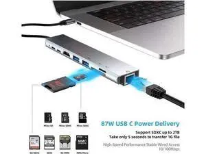 8 in 1 USB C Multiport Hub, Type C Adapter with 87W PD Charging, 4K@30Hz HDMI, Gigabit RJ45 Ethernet, USB 3.0 Port, SD & TF Card Reader for Windows, MacBook and All USB-C Laptops 8 in 1 USB C Multiport Hub, Type C Adapter with 87W PD Charging, 4K@30Hz HDMI, Gigabit RJ45 Ethernet, USB 3.0 Port, SD & TF Card Reader for Windows, MacBook and All USB-C Laptops