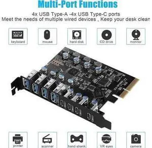 8-Port PCI-E USB 3.2 Gen2 Expansion Card, 4 USB-A + 4 USB-C 10Gbps PCI Express Hub Adapter, Compatible PCIe x4/x8/x16 Slot for Desktop Motherboard 8-Port PCI-E USB 3.2 Gen2 Expansion Card, 4 USB-A + 4 USB-C 10Gbps PCI Express Hub Adapter, Compatible PCIe x4/x8/x16 Slot for Desktop Motherboard