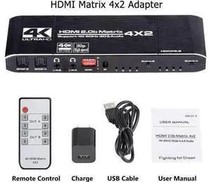 4X2 HDMI 2.0 Matrix Switch with IR Remote, Model OZJ1-1, 4 In 2 Out 4K@60Hz Matrix Switcher with Audio Extractor, Dual SPDIF + Dual 3.5mm L/R Audio, Support EDID, HDCP2.2, HDR10 for 4K TV, Monitor, Ga 4X2 HDMI 2.0 Matrix Switch with IR Remote, Model OZJ1-1, 4 In 2 Out 4K@60Hz Matrix Switcher with Audio Extractor, Dual SPDIF + Dual 3.5mm L/R Audio, Support EDID, HDCP2.2, HDR10 for 4K TV, Monitor, Ga