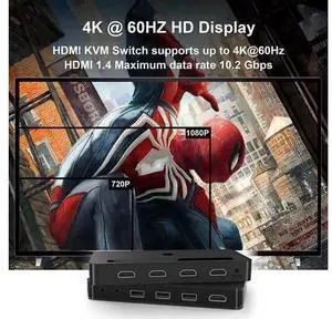 4-Port 4x1 HDMI KVM Switch 4K@60Hz, Built-in Audio Mic & 3 USB Hub, Wired Remote, 4 Combo Cables + USB Power Cable Included 4-Port 4x1 HDMI KVM Switch 4K@60Hz, Built-in Audio Mic & 3 USB Hub, Wired Remote, 4 Combo Cables + USB Power Cable Included