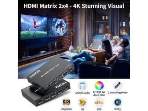 2x4 HDMI Matrix Switch 4K@60Hz HDR, HDMI 2.0 18Gbps 2 Input 4 Output Video Splitter with Optical SPDIF & 3.5mm Audio Extractor, HDCP 2.2 IR Remote, for PS5, Nintendo Switch, Fire Stick, Xbox, PC, Blu- 2x4 HDMI Matrix Switch 4K@60Hz HDR, HDMI 2.0 18Gbps 2 Input 4 Output Video Splitter with Optical SPDIF & 3.5mm Audio Extractor, HDCP 2.2 IR Remote, for PS5, Nintendo Switch, Fire Stick, Xbox, PC, Blu-