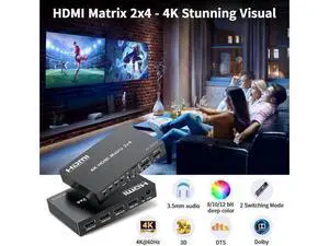 2x4 HDMI 2.0 Matrix Switch 4K@60Hz with IR Remote, 2 In 4 Out 18Gbps Video Splitter Support Optical SPDIF + 3.5mm Audio Extractor, HDR HDCP2.2 for NS, PS5, Fire Stick, 4K TV Monitor 2x4 HDMI 2.0 Matrix Switch 4K@60Hz with IR Remote, 2 In 4 Out 18Gbps Video Splitter Support Optical SPDIF + 3.5mm Audio Extractor, HDR HDCP2.2 for NS, PS5, Fire Stick, 4K TV Monitor