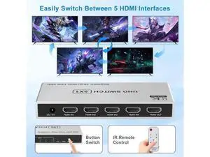 5 in 1 Out HDMI 2.1 Switch with IR Remote, 48Gbps 8K@60Hz 4K@120Hz HDMI Switcher Selector Box, Supports HDR, Dolby Vision, HDCP 2.3, CEC for PS5/PS4/PS3, Xbox Series X/S, DVD, Blu-ray Player, PC, UHD 5 in 1 Out HDMI 2.1 Switch with IR Remote, 48Gbps 8K@60Hz 4K@120Hz HDMI Switcher Selector Box, Supports HDR, Dolby Vision, HDCP 2.3, CEC for PS5/PS4/PS3, Xbox Series X/S, DVD, Blu-ray Player, PC, UHD