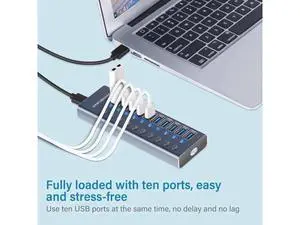 10 Port Powered USB 3.0 Hub Splitter with Independent LED On/Off Switches, High Speed Data Transfer USB Hub with Power Adapter for Mac, PC Desktop & Laptop 10 Port Powered USB 3.0 Hub Splitter with Independent LED On/Off Switches, High Speed Data Transfer USB Hub with Power Adapter for Mac, PC Desktop & Laptop