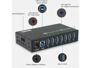 Aluminum 7-Port Powered USB 3.0 Splitter Hub, SuperSpeed 5Gbps Data Transfer, 12V 3A 36W Power Adapter, Mounting Bracket & LED Indicator Lights, Black Desktop Industrial USB Hub Aluminum 7-Port Powered USB 3.0 Splitter Hub, SuperSpeed 5Gbps Data Transfer, 12V 3A 36W Power Adapter, Mounting Bracket & LED Indicator Lights, Black Desktop Industrial USB Hub