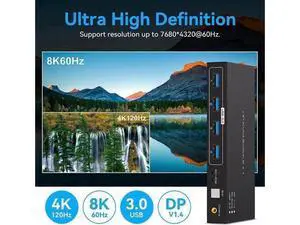 2 Port DisplayPort 1.4 USB 3.0 KVM Switch, 8K@60Hz 4K@120Hz 4K@144Hz KVM Switcher with 4 5Gbps USB Ports, FreeSync G-SYNC HDR, Wired Remote Included 2 Port DisplayPort 1.4 USB 3.0 KVM Switch, 8K@60Hz 4K@120Hz 4K@144Hz KVM Switcher with 4 5Gbps USB Ports, FreeSync G-SYNC HDR, Wired Remote Included