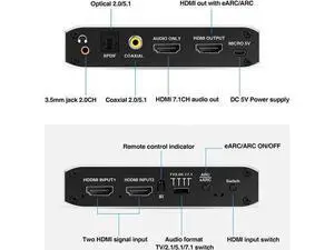 NEWCARE 2 in 1 Out HDMI 2.0b Switch with eARC Audio Extractor, 4K@60Hz HDMI Switcher Converter with IR Remote, Supports 7.1CH Dolby Atmos, eARC/ARC, Optical Toslink SPDIF, Coaxial & 3.5mm Audio Output NEWCARE 2 in 1 Out HDMI 2.0b Switch with eARC Audio Extractor, 4K@60Hz HDMI Switcher Converter with IR Remote, Supports 7.1CH Dolby Atmos, eARC/ARC, Optical Toslink SPDIF, Coaxial & 3.5mm Audio Output
