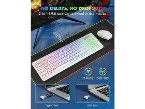 Wireless RGB Gaming Keyboard & Mouse Set Rechargeable, Ergonomic Tilt Design, 2.4G Quiet Combo for Home/Office - white Wireless RGB Gaming Keyboard & Mouse Set Rechargeable, Ergonomic Tilt Design, 2.4G Quiet Combo for Home/Office - white