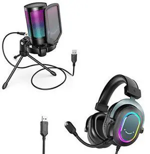 Gaming USB Microphone with Headset Bundle for PS5, PC Condenser Mic with Quick Mute, RGB, Gain Control for Streaming, Wired Headphones with Microphone Set with EQ Mode, Soft Ear Pads (A6V+H6) Gaming USB Microphone with Headset Bundle for PS5, PC Condenser Mic with Quick Mute, RGB, Gain Control for Streaming, Wired Headphones with Microphone Set with EQ Mode, Soft Ear Pads (A6V+H6)