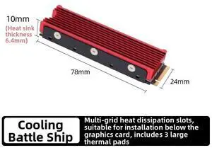 JEYI Cool Warship Red M.2 2280 SSD Heatsink, 6.3mm Ultra-Slim Aluminum Cooler with Multi-Groove Design for Maximum Heat Dissipation