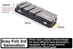 JEYI Gray Fish III M.2 2280 SSD Heatsink, 12mm Performance Cooler with Quad-Channel Airflow for Maximum Heat Dissipation