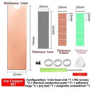 FINALCOOL Ice Copper M.2 2280 SSD Heatsink, Pure Copper Cooler for Laptop/Desktop NVMe SSD, Single Pack Heat Spreader