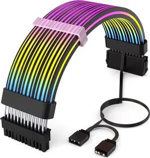 JVFYI 24 Pin RGB Cable,RGB PSU Cables Extensions - 5V 3Pin Addressable ARGB Motherboard Power Supply fit Black PC Case Build Black Style