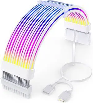 JVFYI 24 Pin RGB PSU Cables,ARGB PC Cable for Motherboard Power Supply Extension - 5V 3Pin Addressable Four Sides Lighting RGB Strips Decor Computer Case White