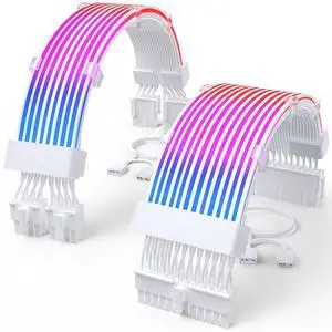 JVFYI RGB PSU Cable Extension with ARGB LED Stripes and PVC Sleeved Extend Cable - 16AWG 24 Pin ATX Dual 8 Pin PCIE Set