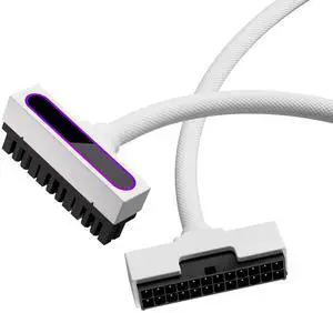 JVFYI 24PIN PC Extension Cable,ARGB PSU Extension Cable with 5V 3Pin,18AWG 90 Degree Right-Angle Design for Power Cable Extension,Male-to-Female for Various Motherboard and Power Supply (30CM-White)