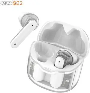 AKZ S22 Transparent Case TWS Bluetooth Earbuds, 2024 Wireless In-Ear Earphones with Clear Shell Design, 40H Playtime, Type-C Fast Charging, HiFi Stereo Sound for Sports Travel white