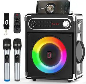 Karaoke Machine with Two Wireless Microphones, Portable Bluetooth Speaker with Bass/Treble Adjustment, PA System with Remote Control, LED Lights,Supports TF Card/USB, AUX IN, FM, REC,TWS for Party