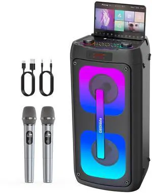 Karaoke Machine, Portable Party Speaker with 2 Wireless Microphones/Bluetooth 5.3, PA System with Disco Lights for Big Party, Outdoor, Ideal Gifts for Family, Music Lover