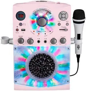 Portable Karaoke Machine for Adults & Kids with Wired Microphone, Rose Gold/Frosted Pink - Built-In Karaoke Speaker, Bluetooth with LED Disco Lights - Karaoke System with CD+G & USB