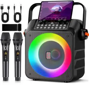 Karaoke Machine for Adults Kids:  Portable Bluetooth Speaker with 2 Wireless Microphones, 6.5" Subwoofer, LED Lights, PA System with Karaoke Microphone Support REC/USB/AUX for Home Party