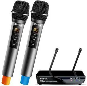 Wireless Microphone with Echo/Treble/Bass, UHF 160ft Range, Dual UHF Cordless Dynamic Mic Handheld Microphone System for Home Karaoke, Meeting, Party, Wedding(Receiver with Bluetooth)