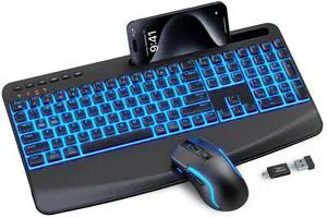 Wireless Keyboard and Mouse Combo, Rechargeable 4000mAh Light up Quiet Keyboard with Wrist Rest & Phone Holder, Ergonomic Silent Typing for PC/Mac/Laptop/Windows/Chrome OS