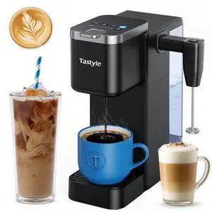 Single Serve Coffee Maker with Built-in Detachable Milk Frother, Iced and Hot Coffee Machine for K Cup & Grounds, 40oz Removable Water Reservoir, 6 Cup Sizes, Fits 7.3" Travel Mug, Black