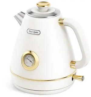 Retro Electric Kettle - 1.7 Liters / 57.5 Ounces Tea Kettle with Thermometer, All Stainless Steel, 1200 Watts Fast Boiling, BPA-free, Cordless, Automatic Shut Off - Pearl White