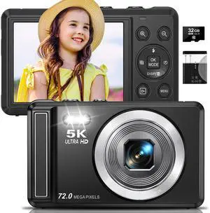 5K Digital Camera - 72MP UHD Digital Cameras for Photography - Autofocus Point and Shoot Small Camera with Flash for Kids - 2.8 Inch Screen Compact Portable Vlogging Camara with 16X Zoom, 32GB SD Card